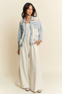 The Clara Lace Patch Denim Jacket – Light Wash Button-Up with Boho Details