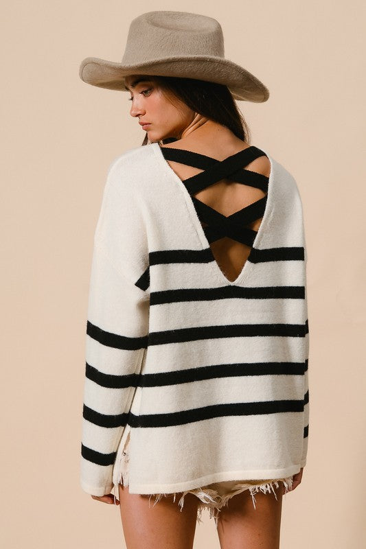 Rae Criss Cross Back Detail Stripe Sweater: Ivory/ Black