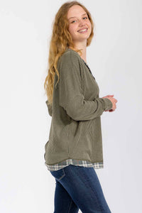 The Wren Plaid Trim Waffle Knit Top – Olive