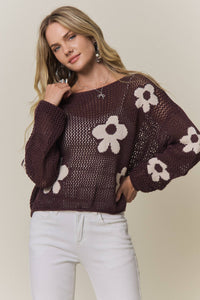 Lila Floral Open Knit Sweater: Blackberry