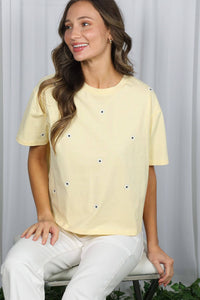The Daisy Floral Embroidered Cotton Tee: Yellow – Crew Neck Drop Shoulder Casual Top