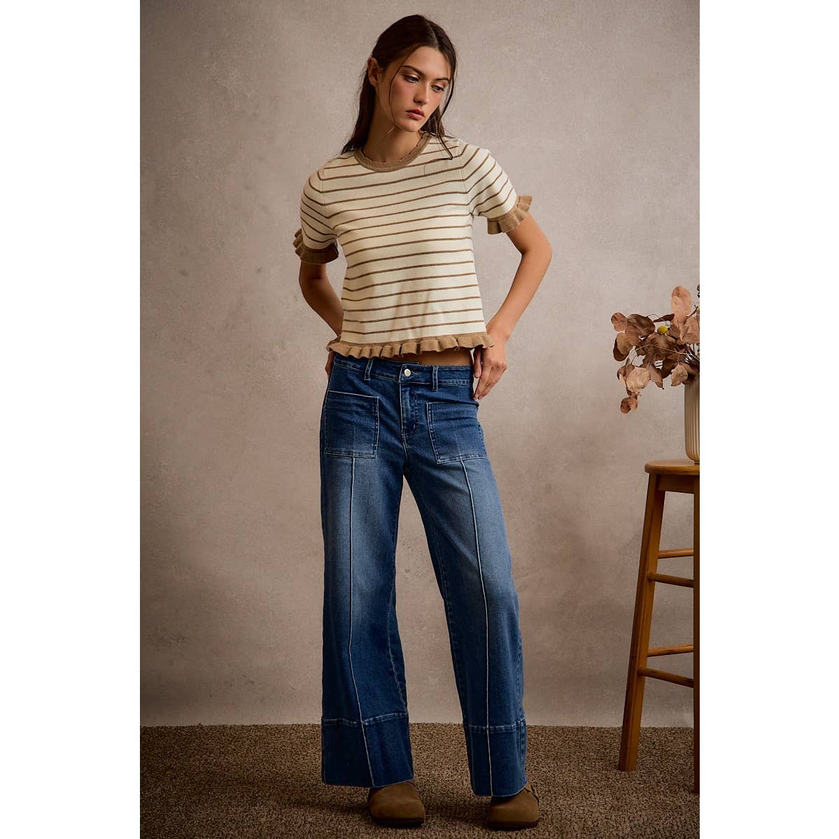 Blue Ridge Mid Rise  Pintuck Flare Jeans: Dark Wash