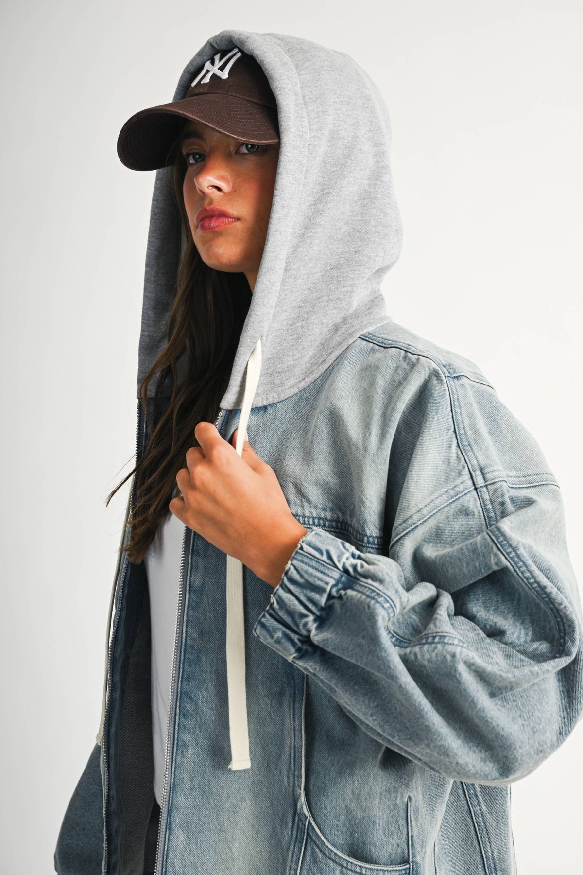 Off the Clock Mineral Wash Denim Hoodie Jacket: Light Wash