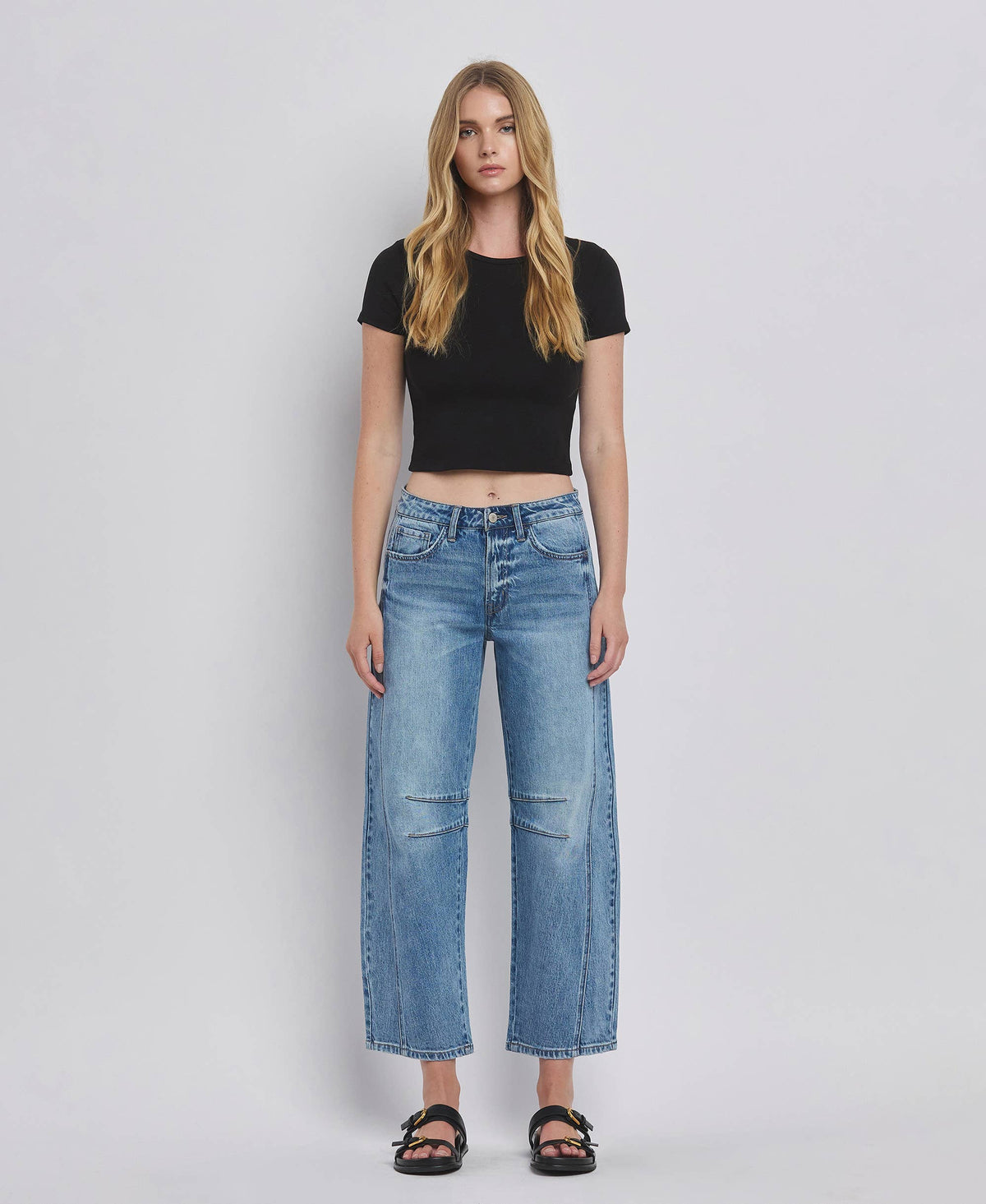 Vervet By FLying Monkey "Katie"  Barrel Leg Jeans – Cropped Seam Detail Denim