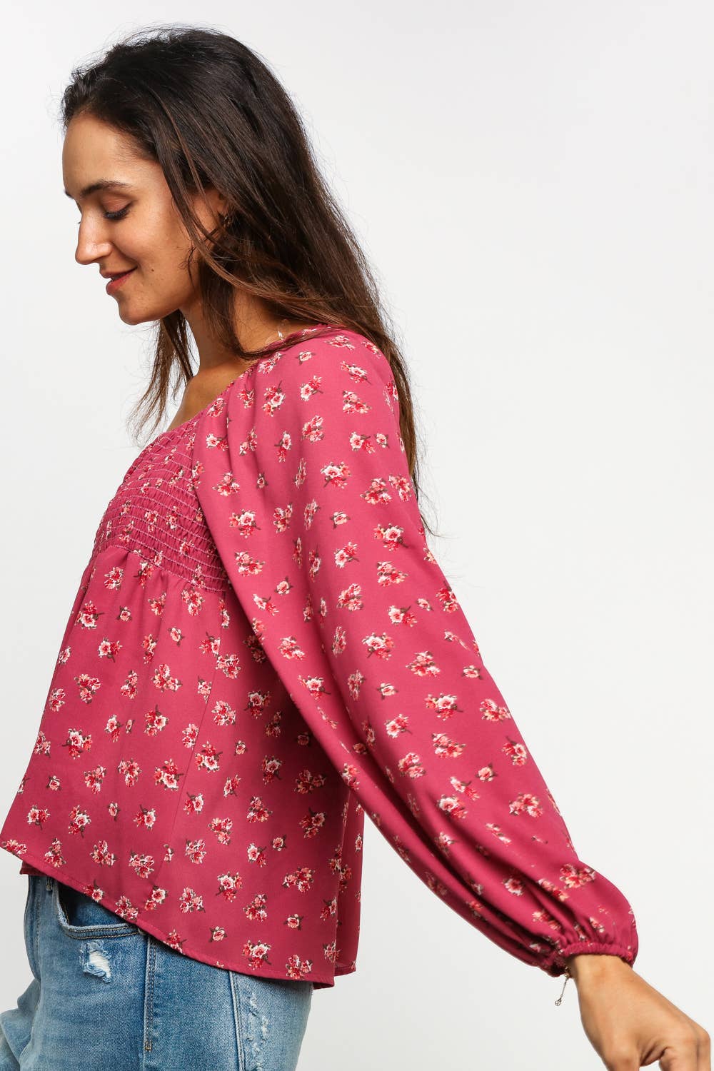 Maisie Smocked Babydoll Floral Blouse – Long Sleeve Raglan Bubble Top