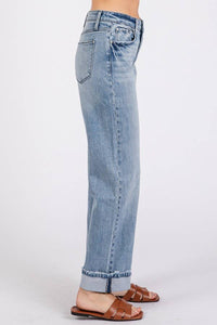 Sawyer Low Rise Baggy Straight Jeans – Light Wash Cuffed Denim with Soft Stretch