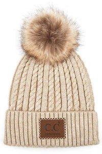 C.C Double Braided Beanie with Faux Fur Pom – Warm Winter Hat with Leather Patch