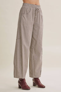 ALL ABOUT COMFORT ELASTIC STRIPE COTTON BARREL PANTS: DK. GREEN / L