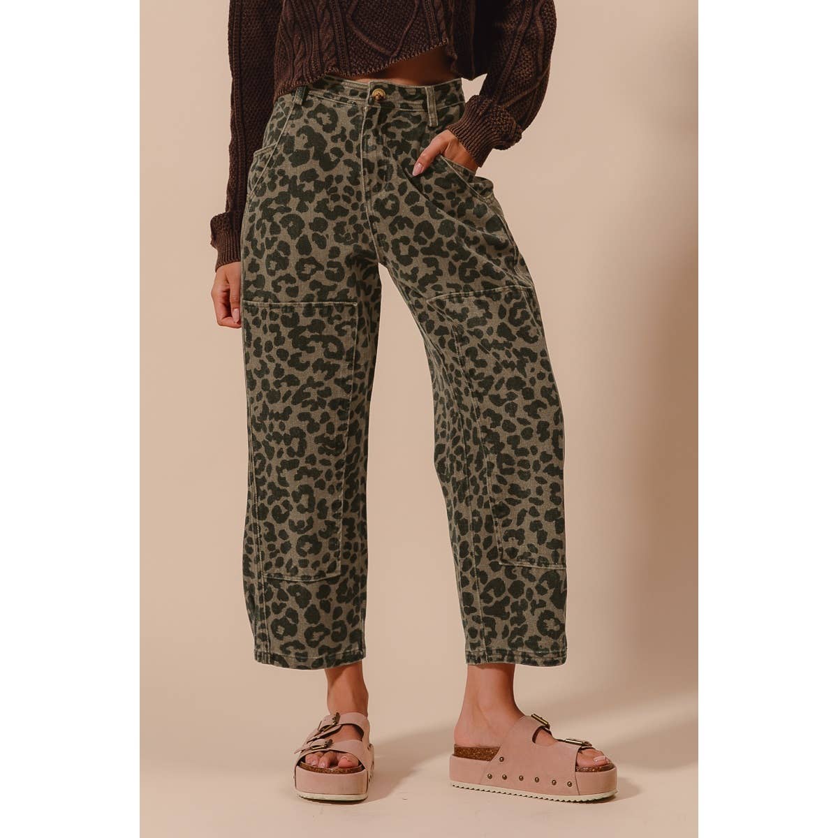 The Wild Side Leopard Barrel Jeans: Mocha