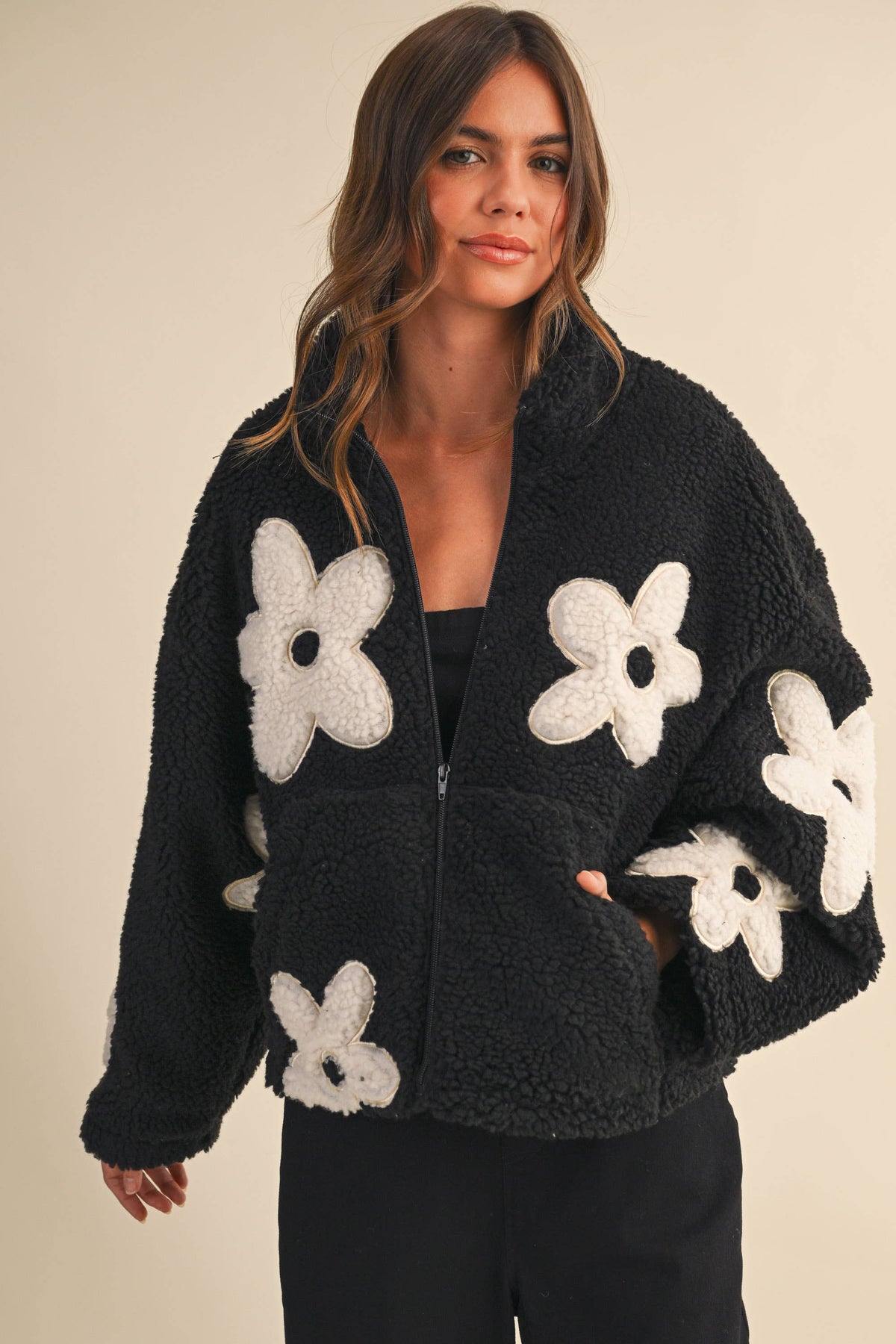 Floral Sherpa Zip Up Jacket: Black – Fully Lined Cozy Fleece with Pockets