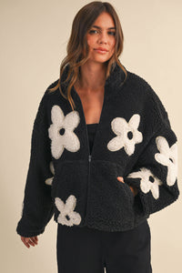 Floral Sherpa Zip Up Jacket: Black – Fully Lined Cozy Fleece with Pockets