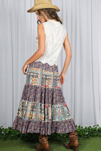 Eyelet Boho Floral Embroidery Patchwork Cotton Vest VT82314: Cream / L