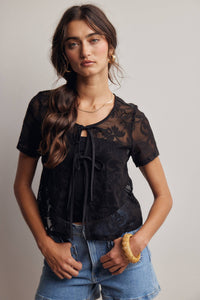 The Rosalie Floral Lace Top: Black – Scoop Neck Tie Front Feminine Blouse