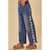 The Lacey Mid Rise Lace-Up Straight Leg Jeans: Medium Wash