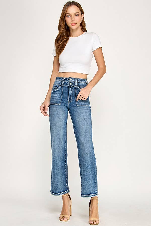 Petra153 "Sutton" Patch Pocket  High Rise Slim Wide Leg Jeans: Medium Wash