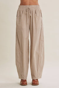 ALL ABOUT COMFORT ELASTIC STRIPE COTTON BARREL PANTS: DK. GREEN / L
