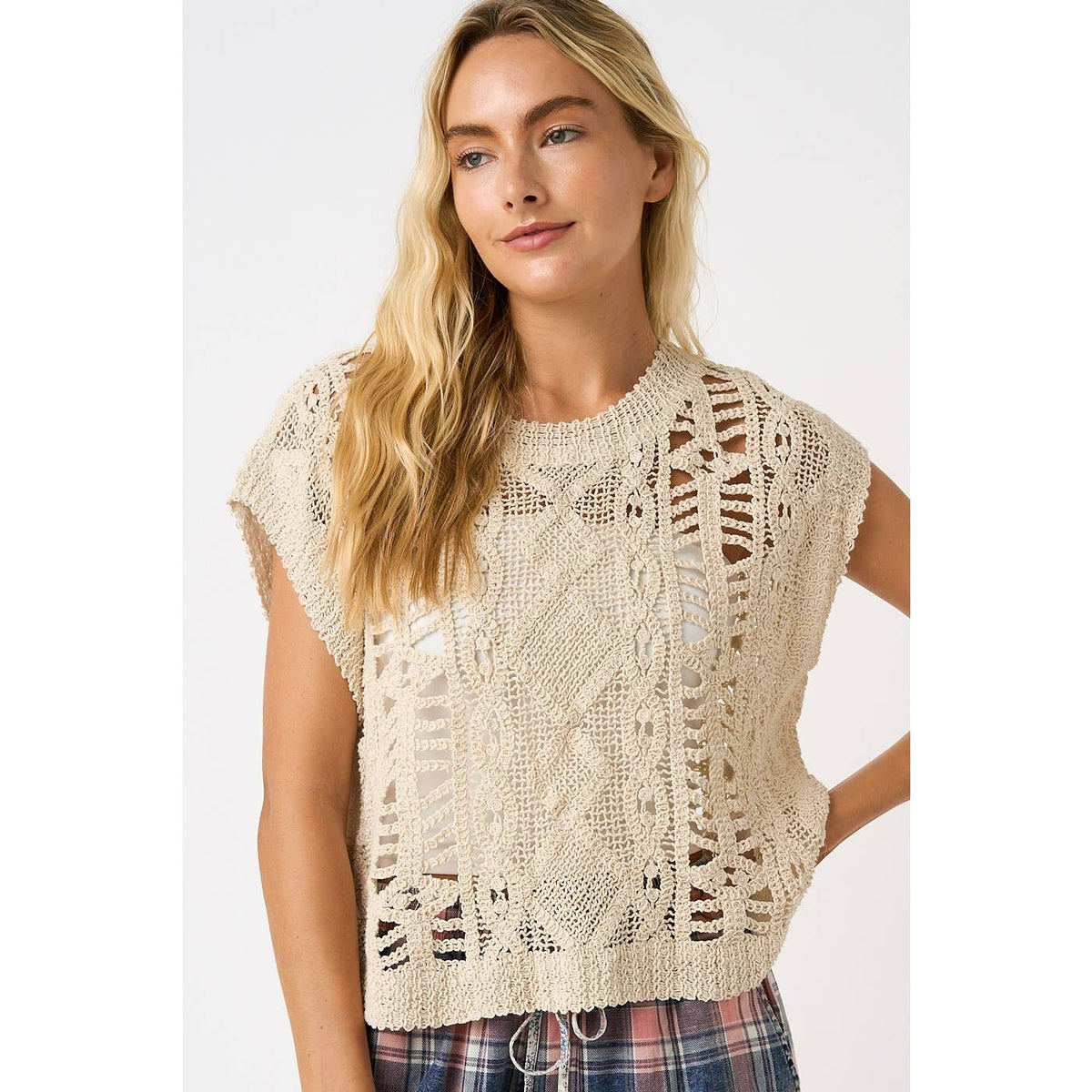 Open Skies Crochet Sweater Top: Natural