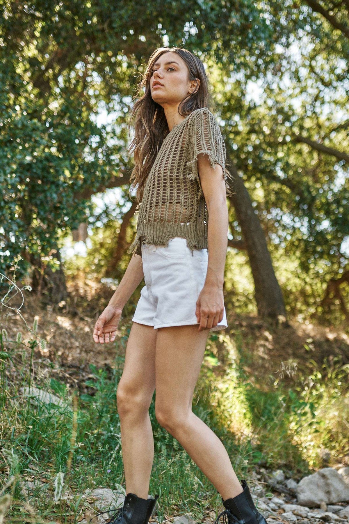 Sunny Daze Distressed Crochet Crop Top: Olive