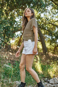 Sunny Daze Distressed Crochet Crop Top: Olive