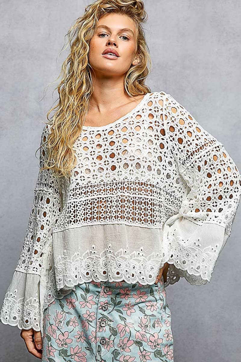 Long Sleeve Round Neck Women Crochet Top: NATURAL / OS