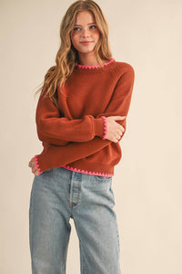 The Rosalie Contrast Stitch Puff Sleeve Sweater: Brown Sugar– Cozy Knit Long Sleeve Top