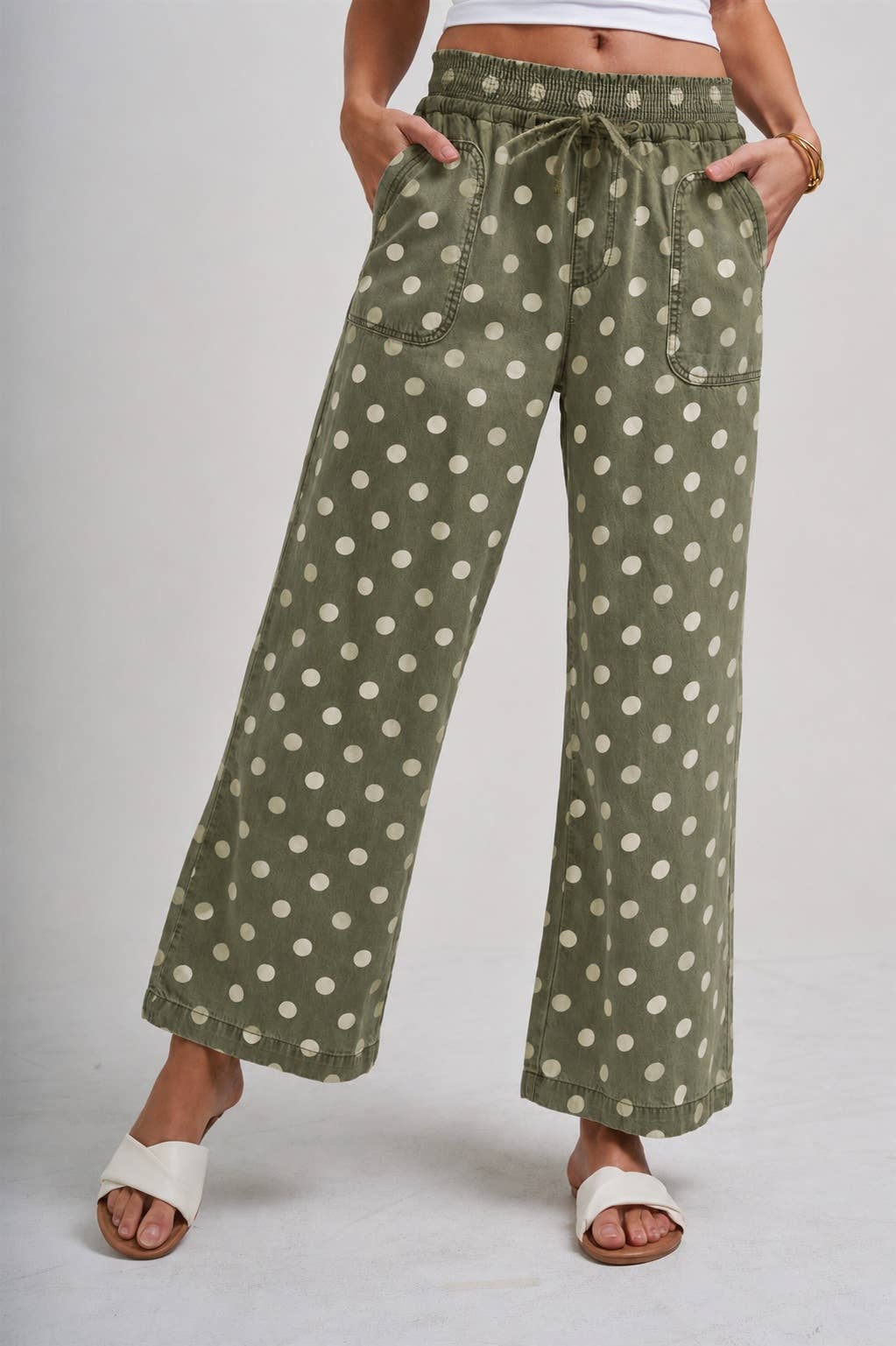 Vintage Olive Polka Dot Wide Leg Drawstring Pants