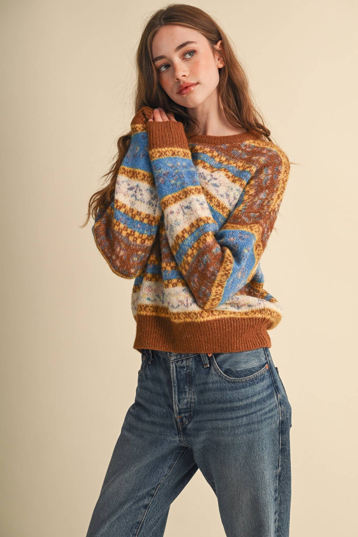 All the Right Colors Fair Isle Sweater: Toffee/Multi
