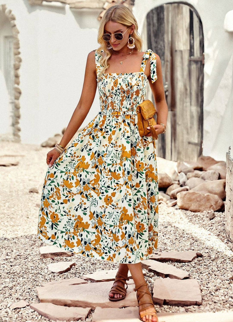 Marigold Meadow Smocked Midi Dress – Floral Tie Shoulder Sundress