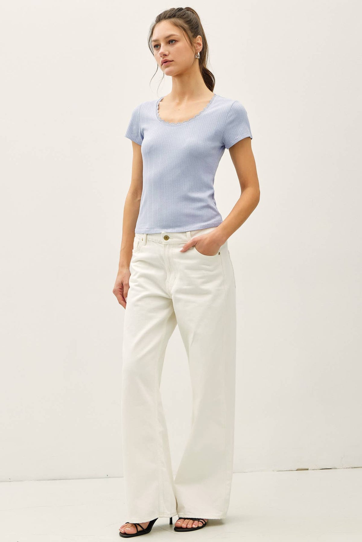 The Elin Lace Trim Ribbed Top – Scoop Neck Slim Fit Stretch Knit Tee