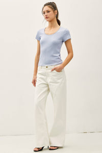 The Elin Lace Trim Ribbed Top – Scoop Neck Slim Fit Stretch Knit Tee