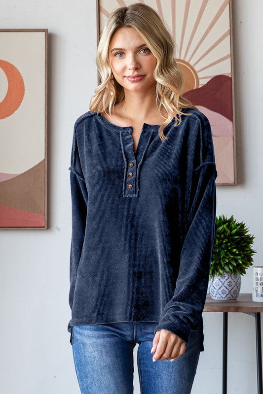 Midnight Chenille Button Detail Long Sleeve Top: Navy