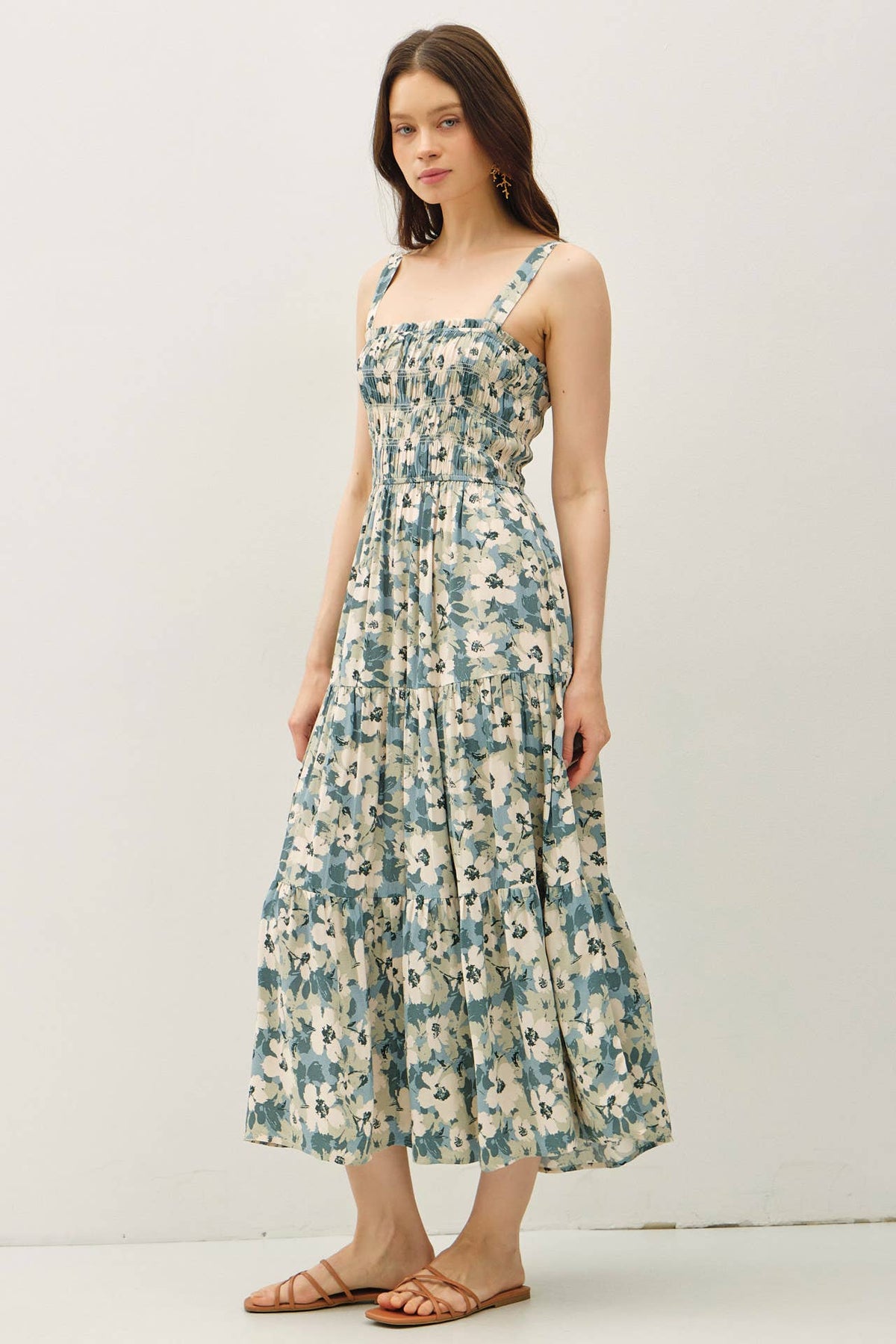 The Ellery Floral Tiered Midi Maxi Dress: Teal – Smocked Back Adjustable Strap Boutique Dress for Women