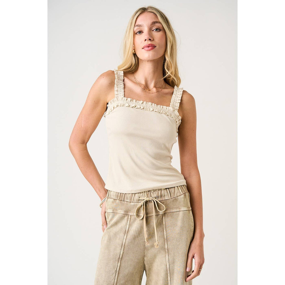 Cream Ruffle Trim Ribbed Tank: Nude