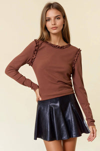 The Wren Ruffle Ribbed Top – Chestnut Brown