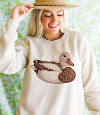 Grandma's Vintage Faux Patchwork Folk Art Brown Duck Crewneck Sweatshirt: Cream