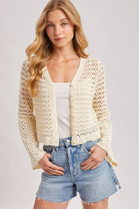 Ivory Crochet Button Front Cardigan: Ecru