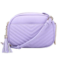 Veronica V-Stitch Tassel Crossbody Bag – Coffee & Stone | Faux Leather Small Purse with Double Zipper Top, Adjustable Strap, Gold Hardware