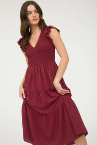 The Sutton Smocked Flutter Sleeve Midi Dress – Wine Tiered Lined Dress