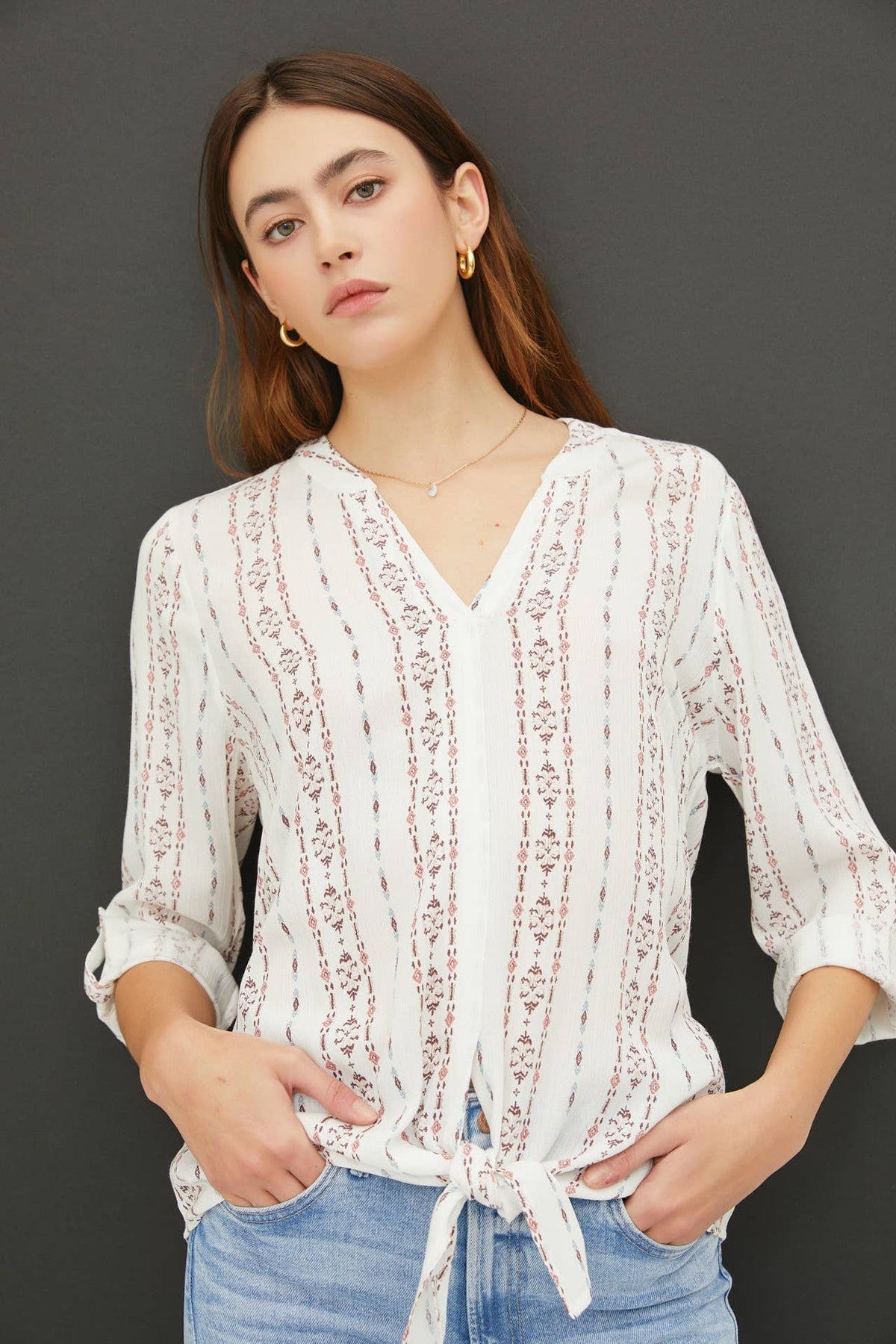 Ava Boho Print Mandarin Collar Blouse: Buttercup