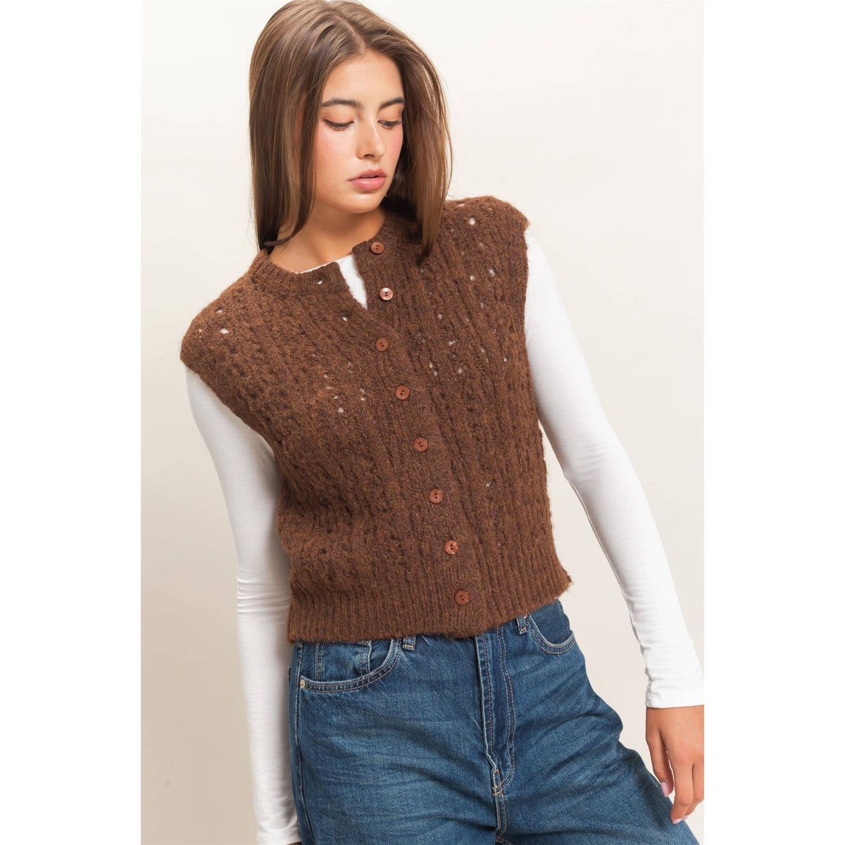 Make It Easy Open Knit Vest: Brown