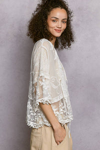 1/2 Sleeve Lace Ruffle Trim Opening Solid Crochet Cardigan: NATURAL / Os