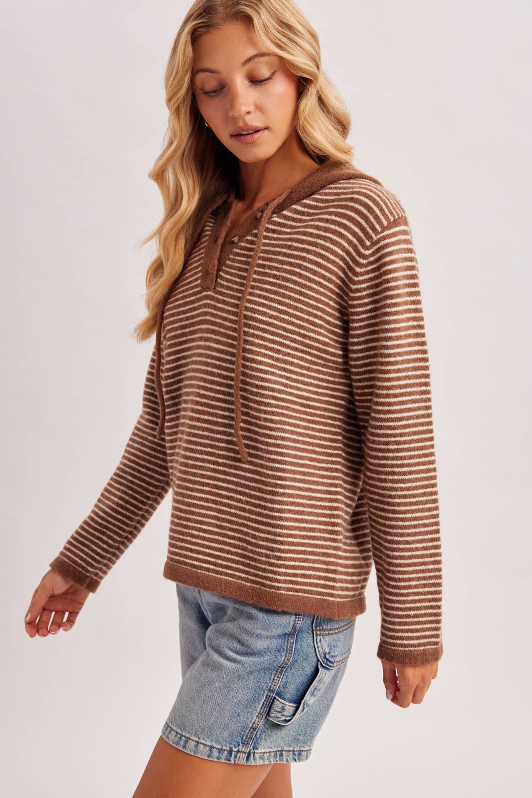 Off the Clock Striped Sweater Hoodie: Cocoa/Cream