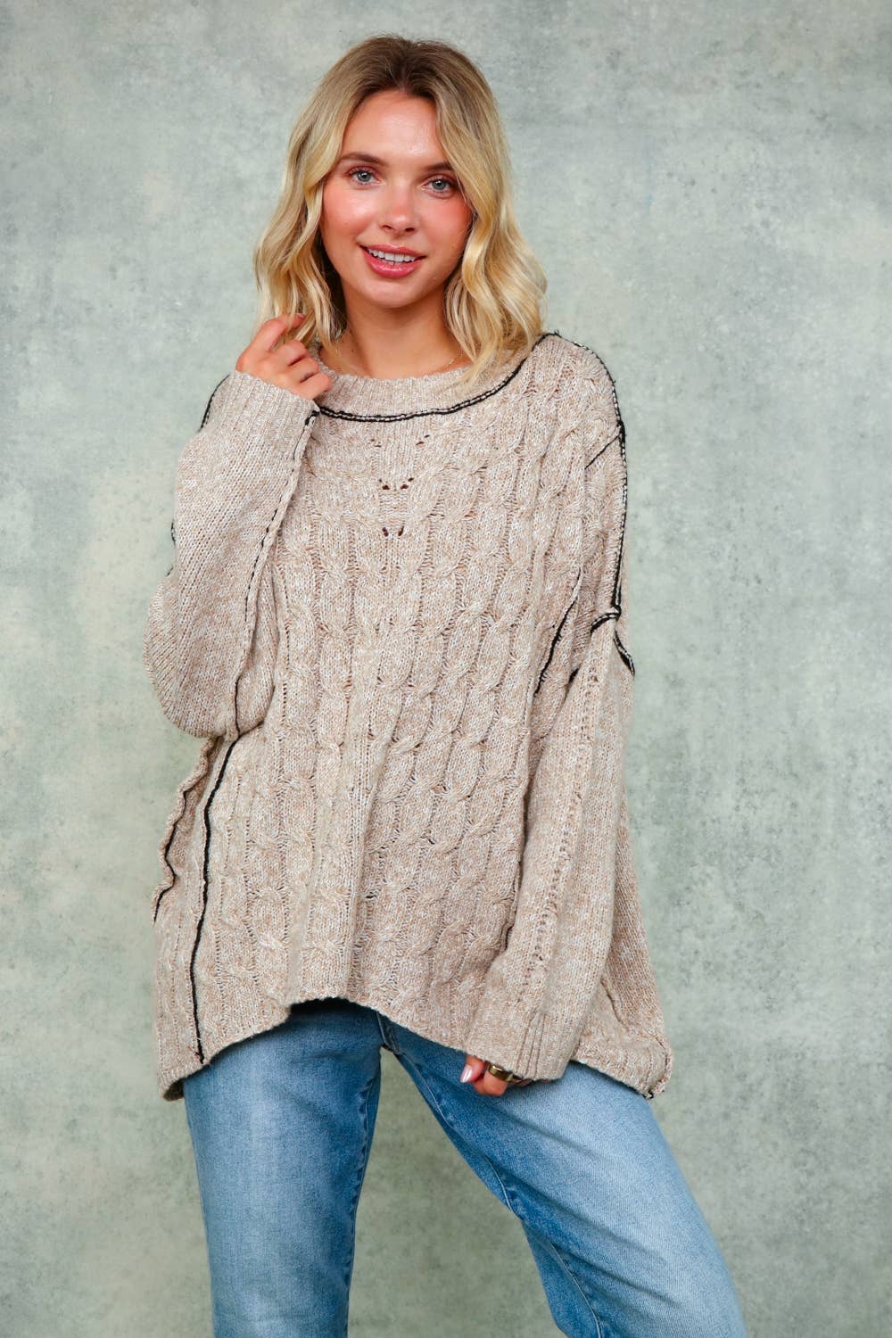 Lanie Color-Stitch Cable Knit Sweater – Oversized Round Neck Pullover | Northern Belle Boutique