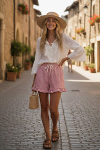 The Tessa Checkered Ruffle Hem Shorts – Lightweight Drawstring Summer Shorts