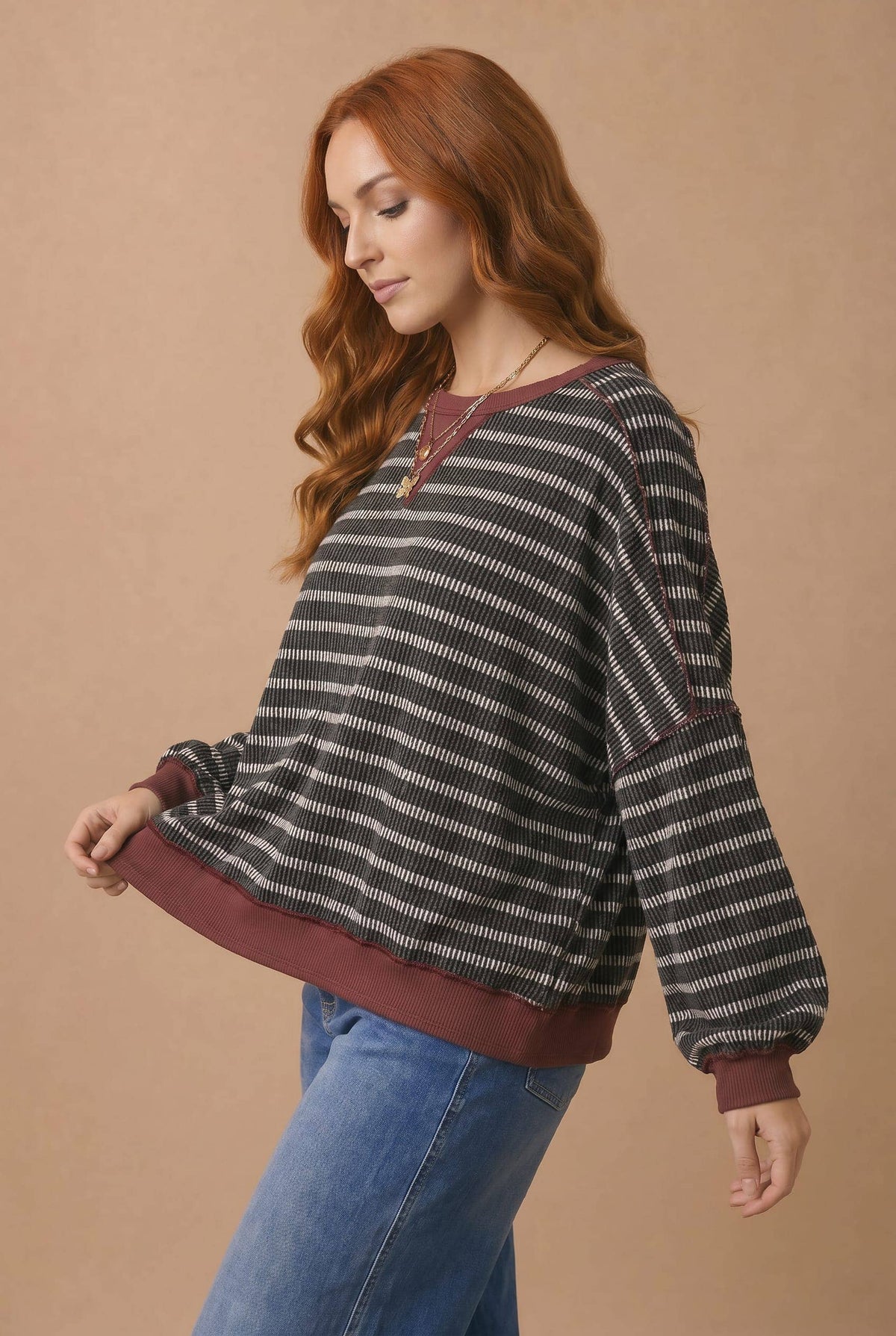 Throwback Stripe Contrast Trim Sweatshirt: Charcoal/ Maroon
