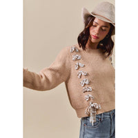 Harper Plaid Bow Detail Sweater: Taupe