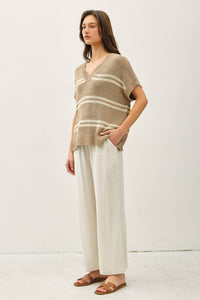 The Elodie Striped V-Neck Sweater: Taupe  – Oversized Lightweight Cap Sleeve Knit Top