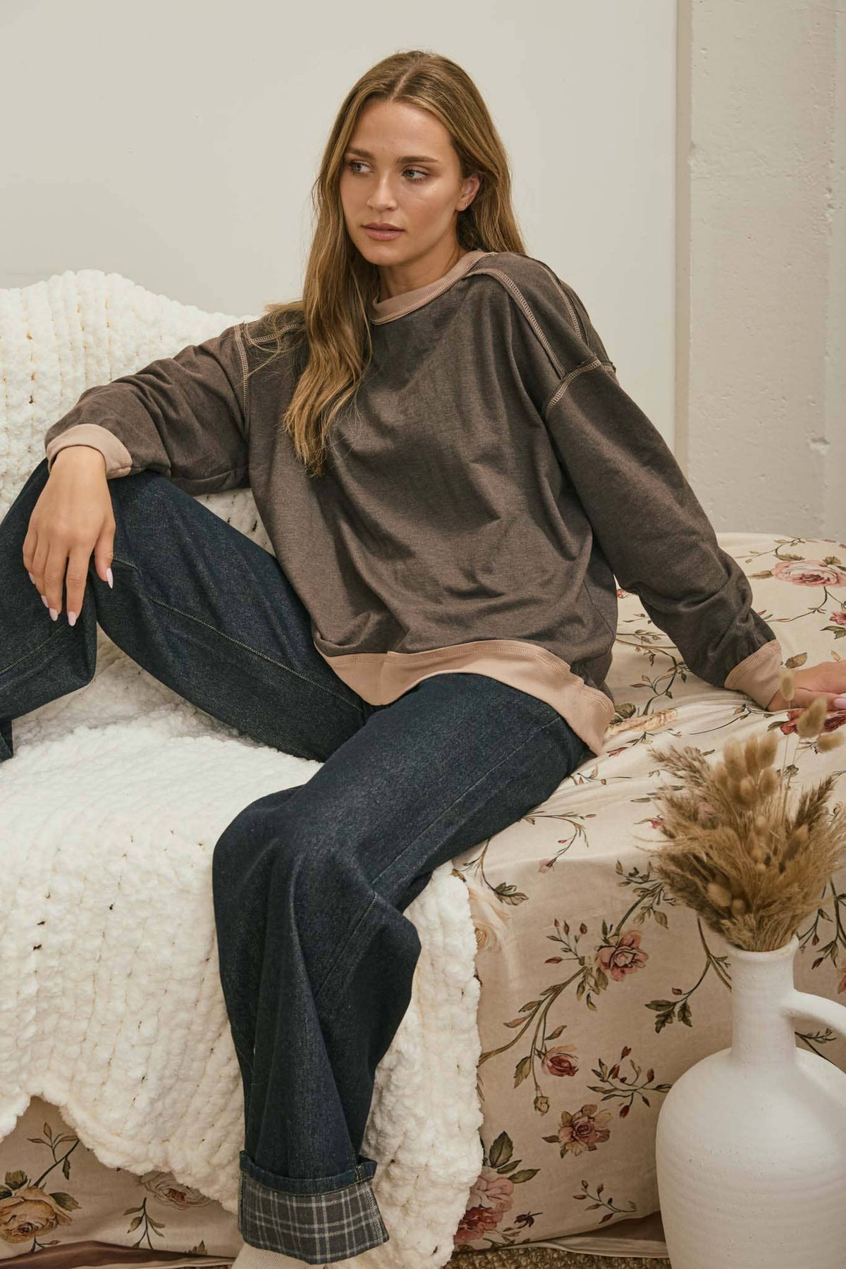 The Off Duty Contrast Knit Top: Chocolate Brown