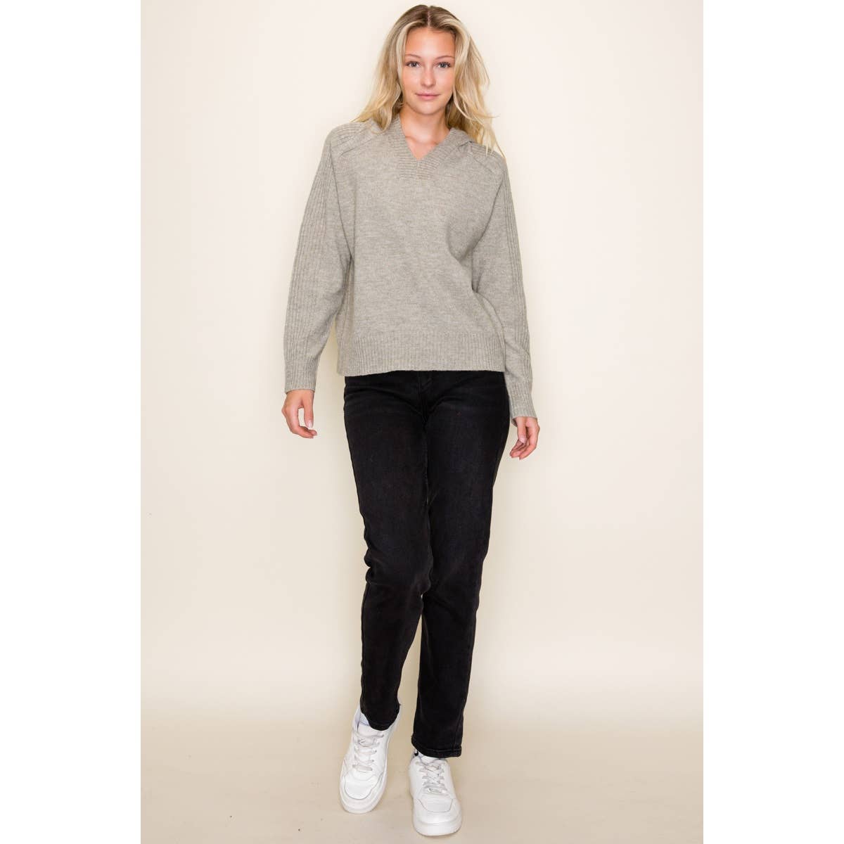 Glacier Ridge Ribbed Hoodie Sweater – V-Neck Knit Pullover | Northern Belle Boutique