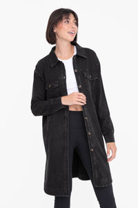 Luciana Washed Twill Longline Shacket: BLACK